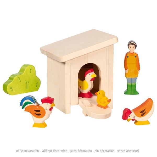 Holzspielset – Kleiner Stall mit Hühnern handgefertigt aus Ahorn- und Buchenholz