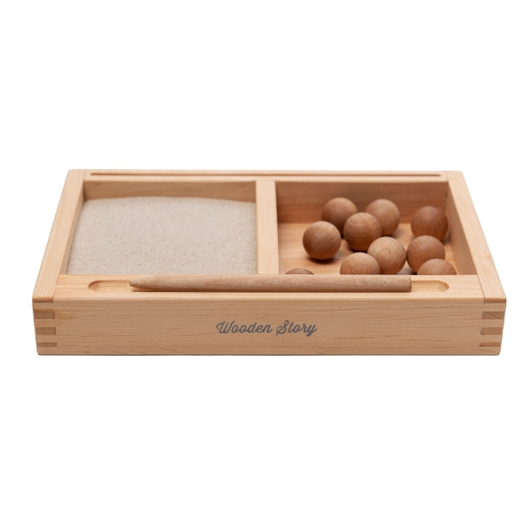 Montessori Sandschale mit Karteikartenhalter, inklusive Sand und Kugeln